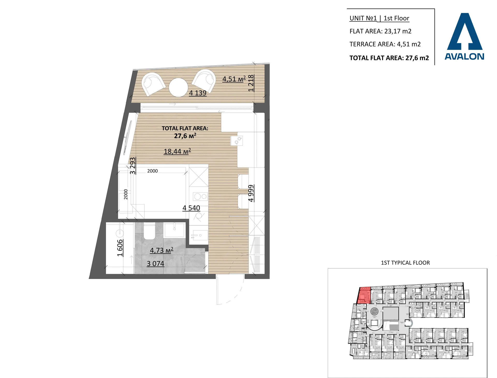 Планировка: Studio with Balcony, юнит 1, 1 этаж