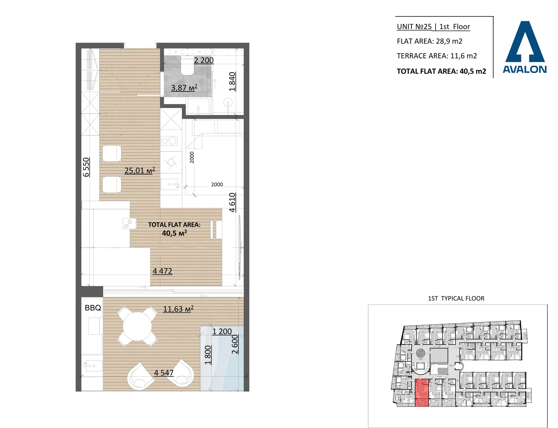 Планировка: Deluxe with Terrace, юнит 25, 1 этаж: студия 28,9 м² и терраса 11,6 м² с BBQ
