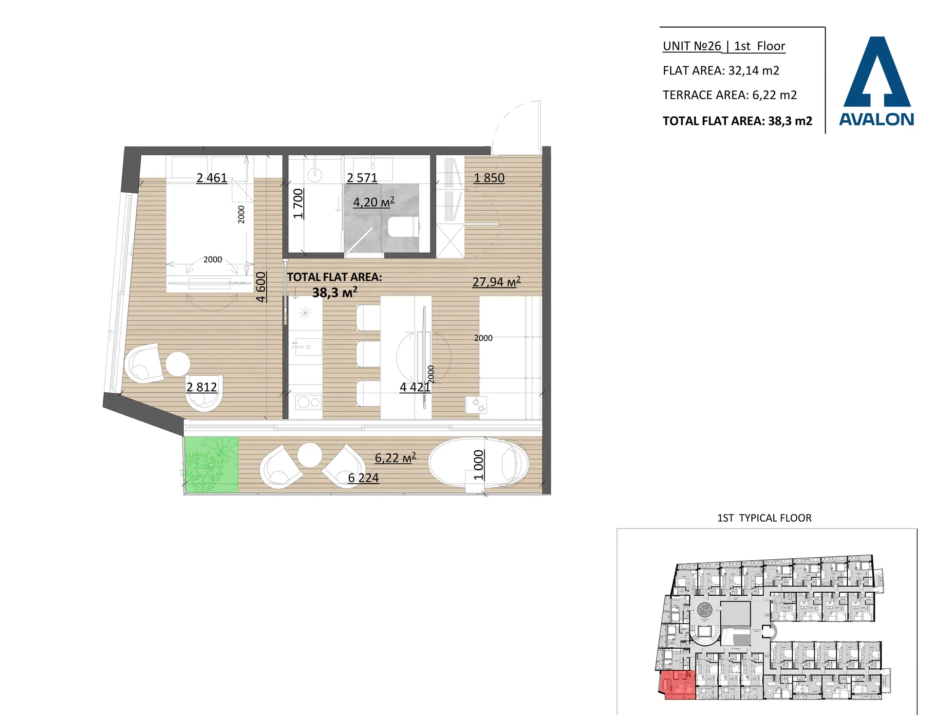 Планировка: Superior with Balcony, юнит 26, 1 этаж